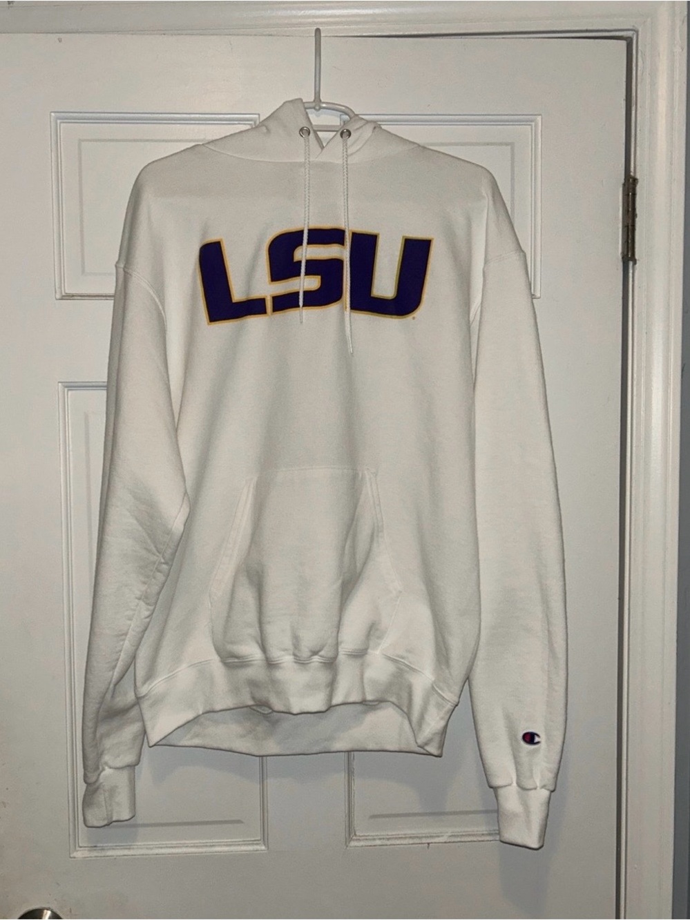 Champion White LSU Crewneck Hoodie with Purple & Gold Lettering
